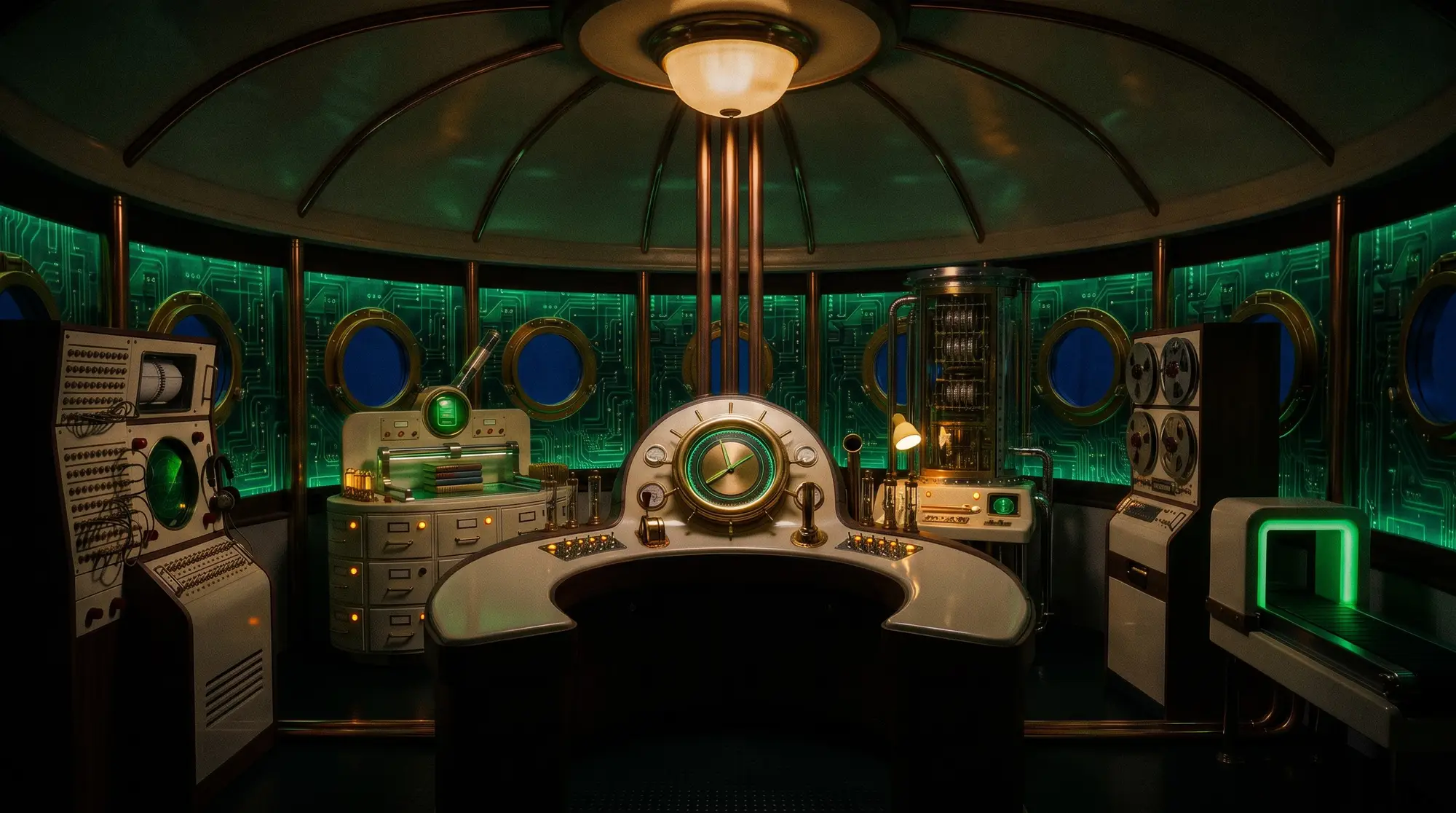 An empty retro cockpit at night.